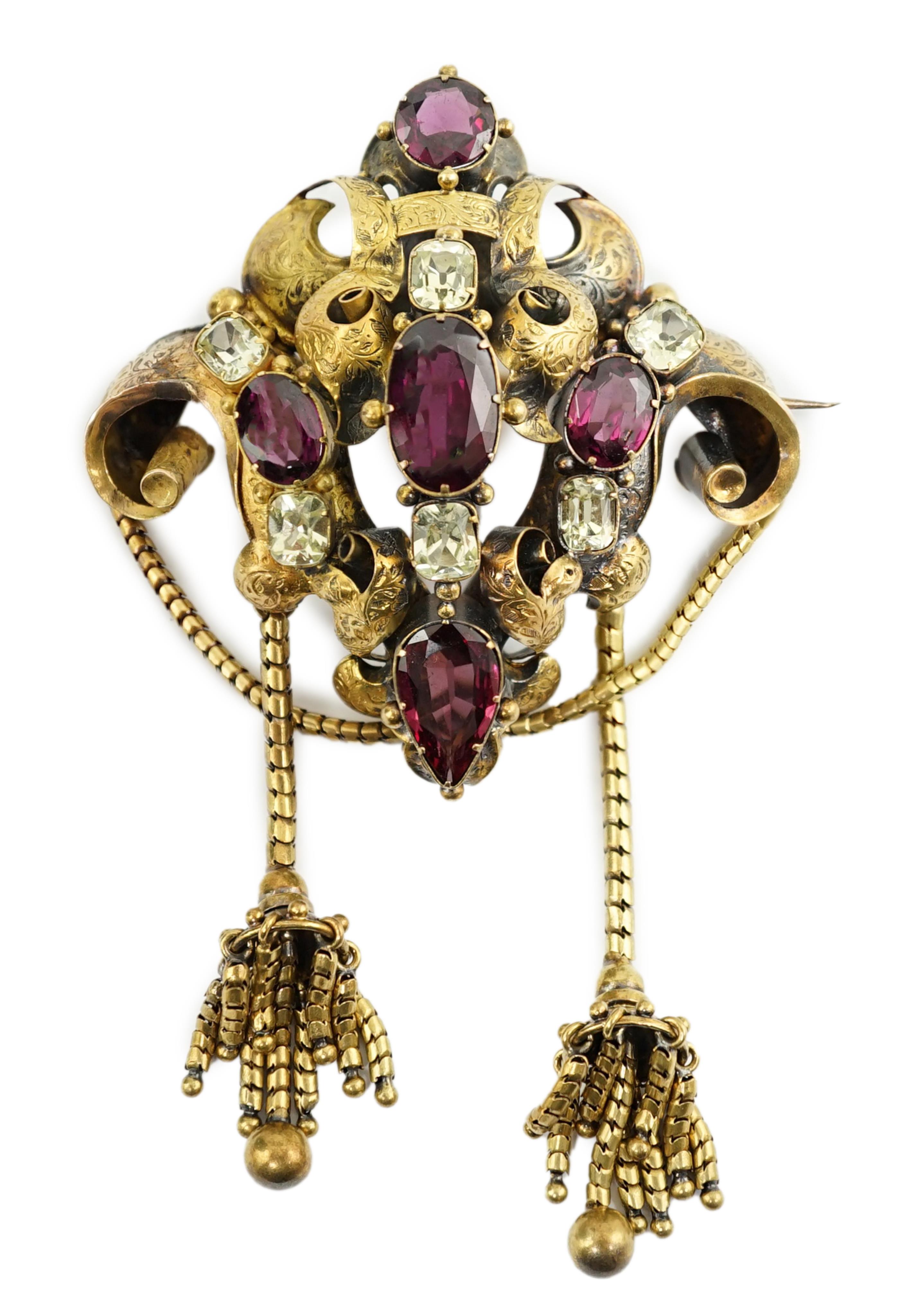 A Victorian gold, garnet and chrysoberyl? cluster set drop tassel brooch